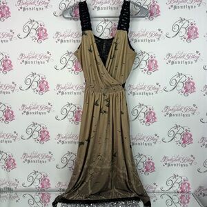 So & co dress tie up ribbon belt Chic Tan Maxi Dress with Black Details birds